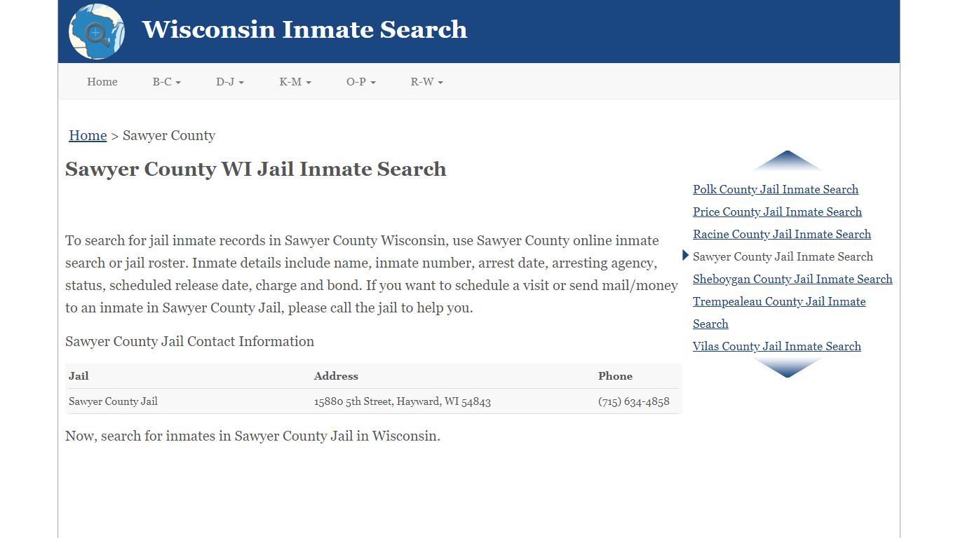 Sawyer County WI Jail Inmate Search