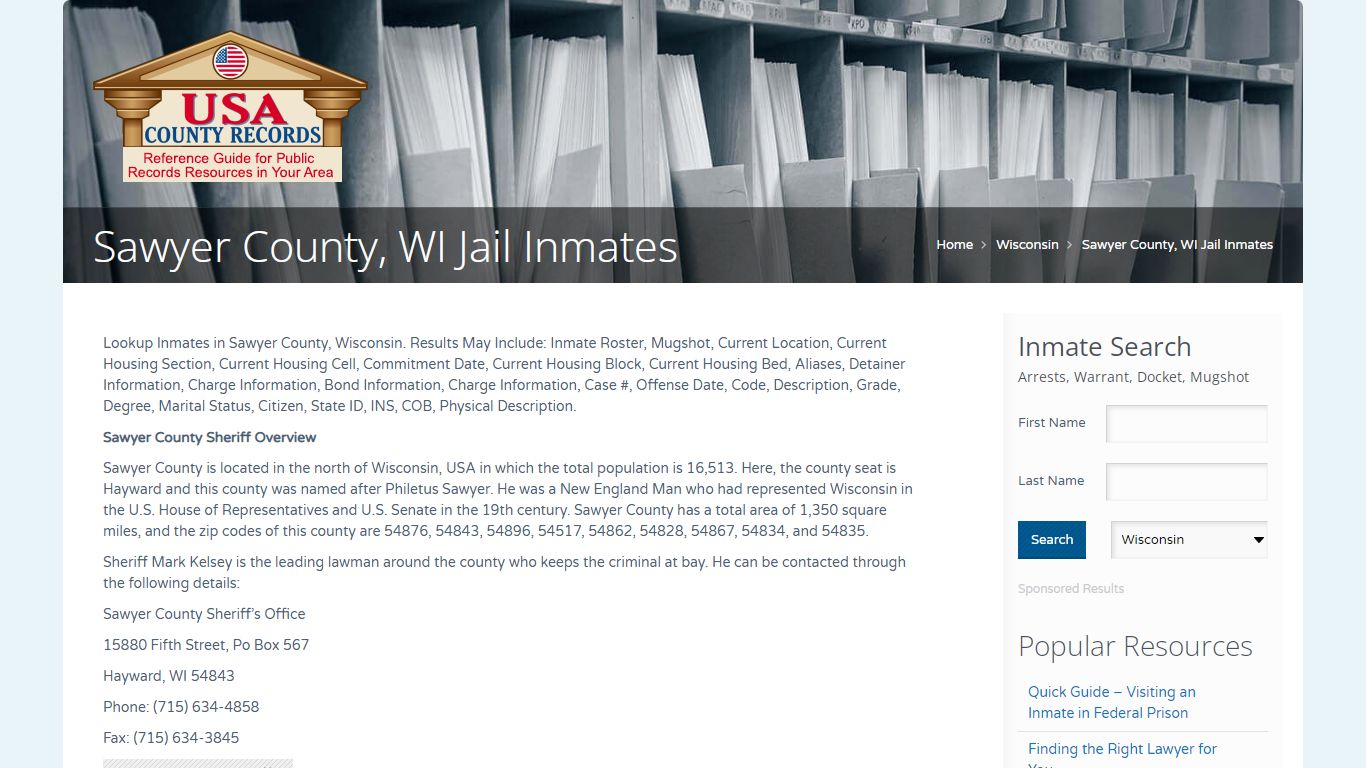 Sawyer County, WI Jail Inmates | Name Search